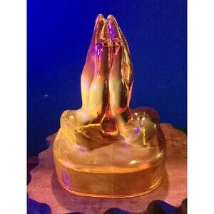 Vintage Kanawha Praying Hands Amberina UV Reactive Glass Paperweight 5"x4"x3"